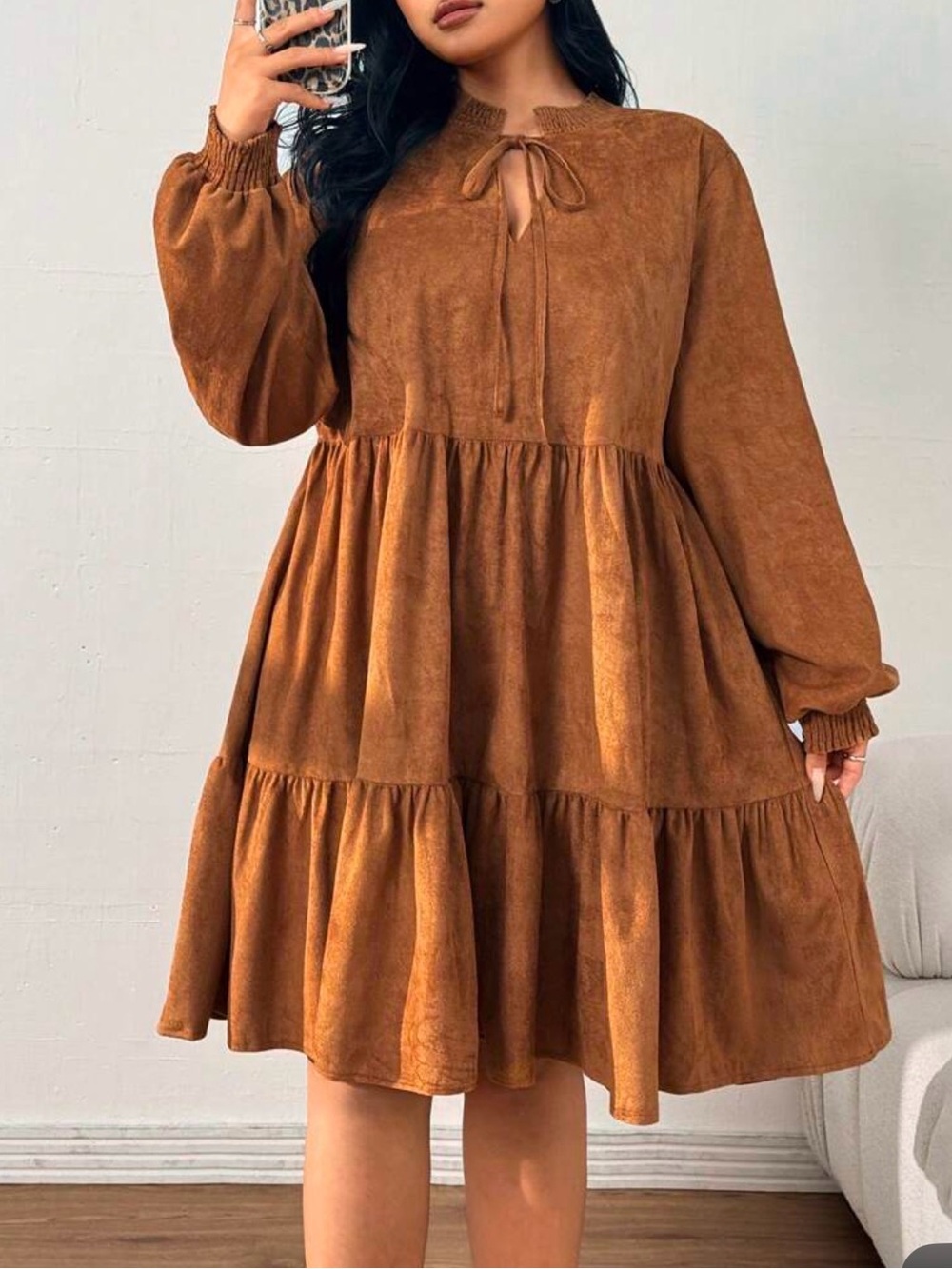 SHEIN Brown Tiered Smocked-Neck Long Sleeve Dress